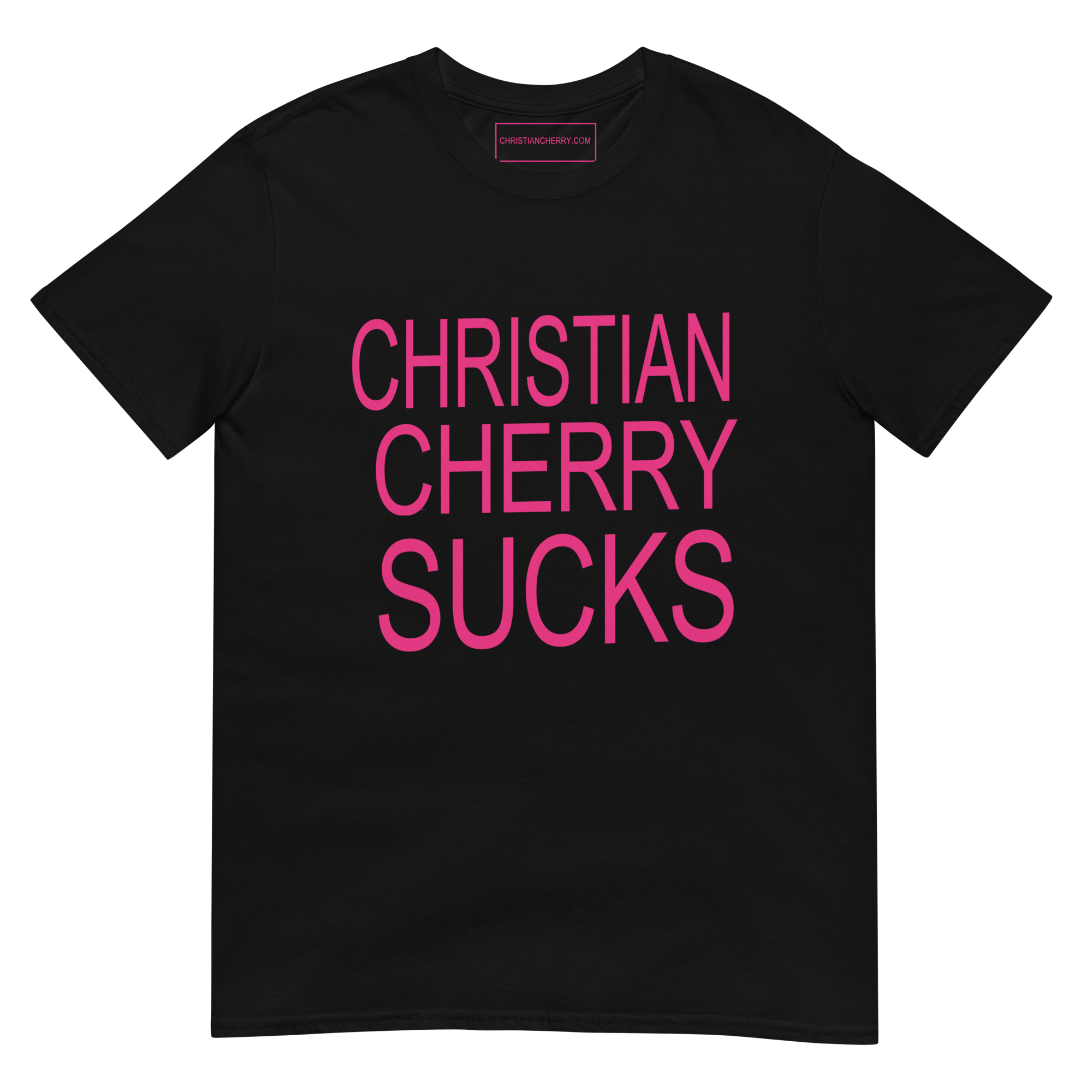 Black Christian Cherry Sucks tee with hot-pink text